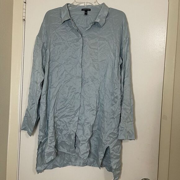 EILEEN FISHER light blue long sleeve silk tunic button down shirt medium - Picture 1 of 6